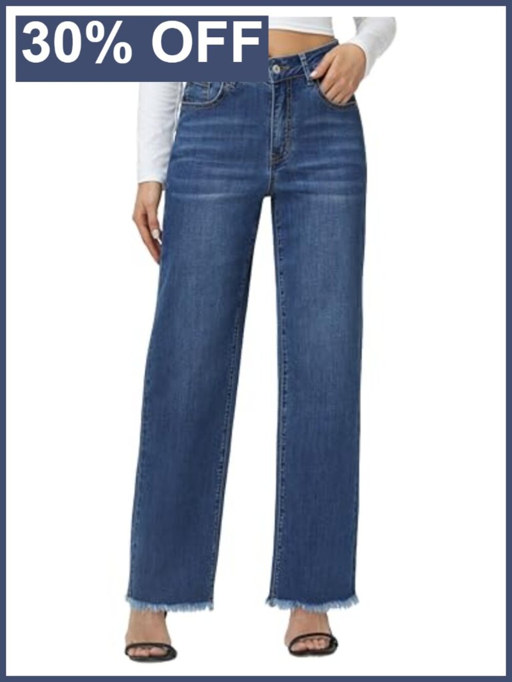 High Waisted Straight Leg Jeans Stretch Denim Raw Hem Relaxed Fit